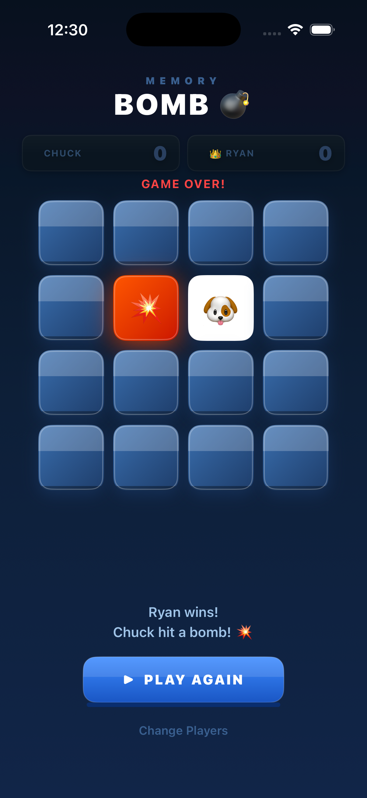 MemoryBomb game over — bomb hit